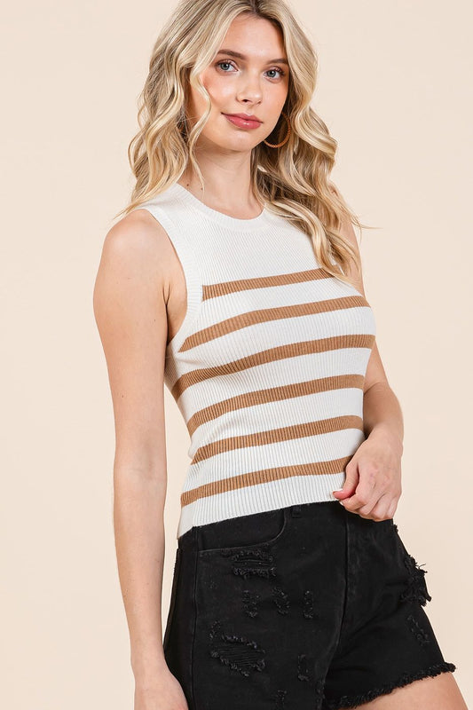 Ivory/Mocha Striped Sweater Knit Tank Top