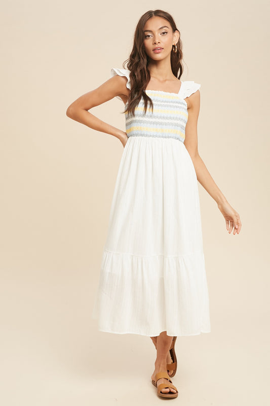 White Tiered Sleeveless Midi Dress w/ Multicolor Smocking