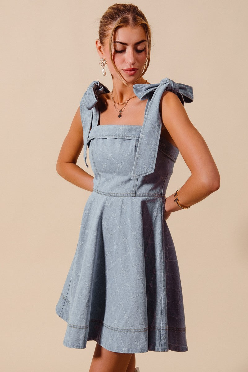 Light Wash A Line Denim Mini Dress w/ Ribbon Tie Strap