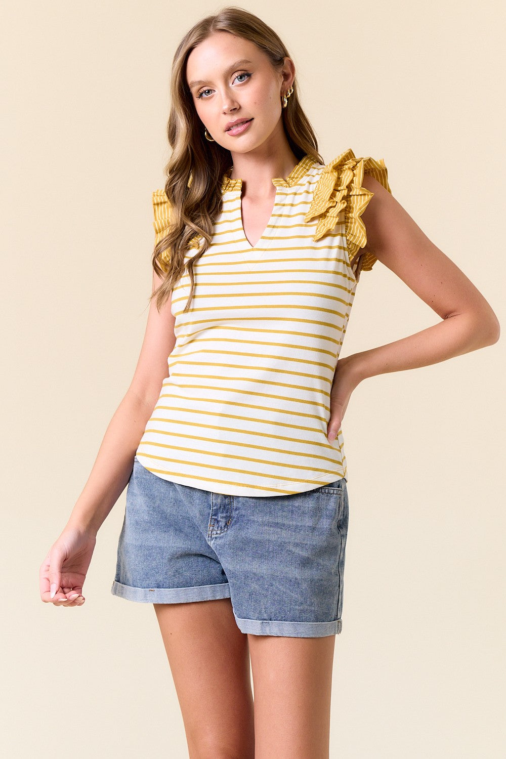 Striped Split V-Neck Ruffled Tank