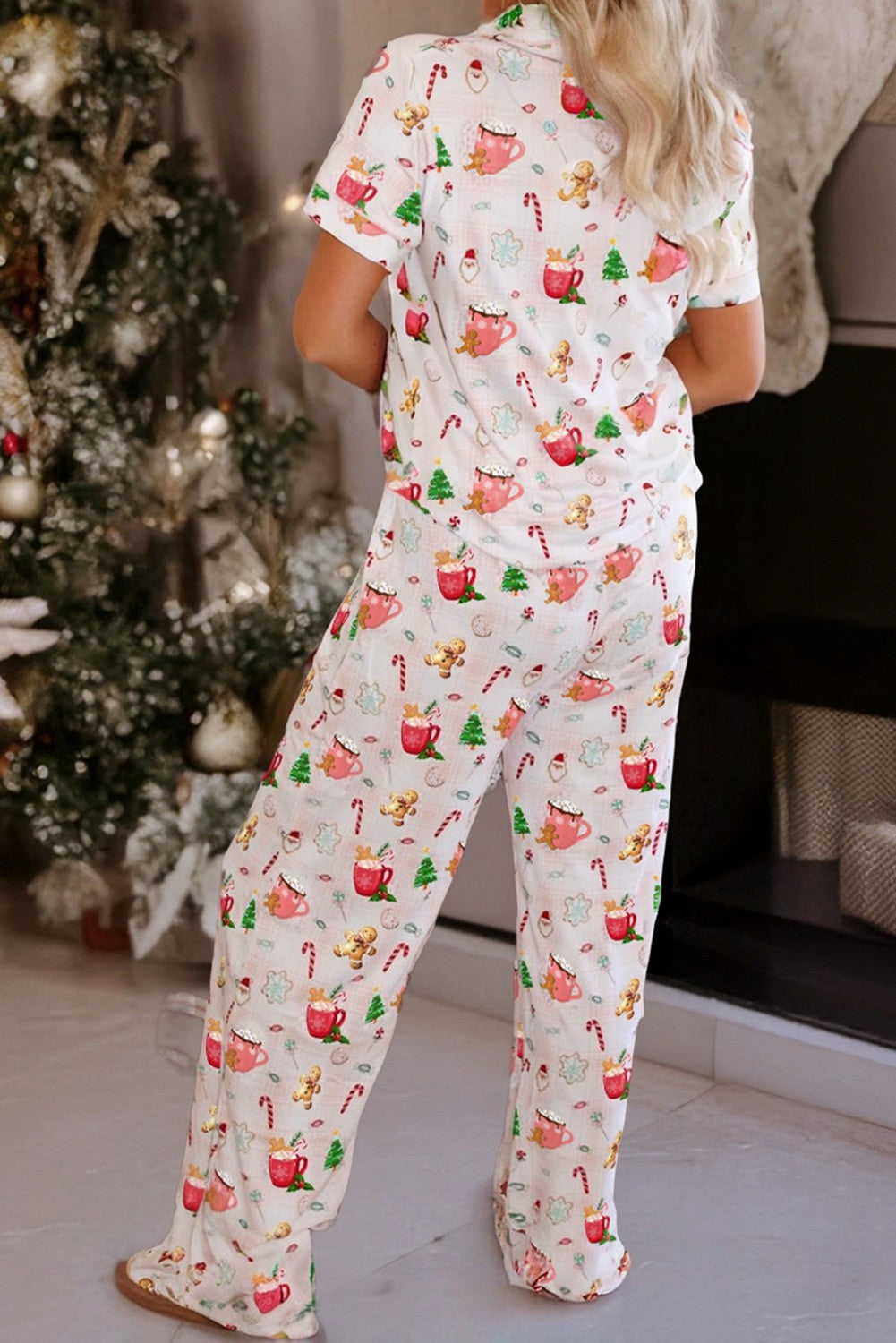 Festive Printed Button Up Christmas Pajama Top + Pants Set