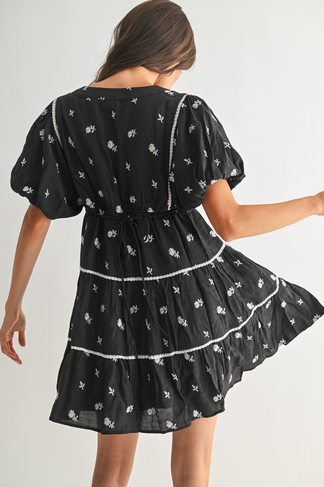 Black/Ivory Floral Embroidered Mini Dress