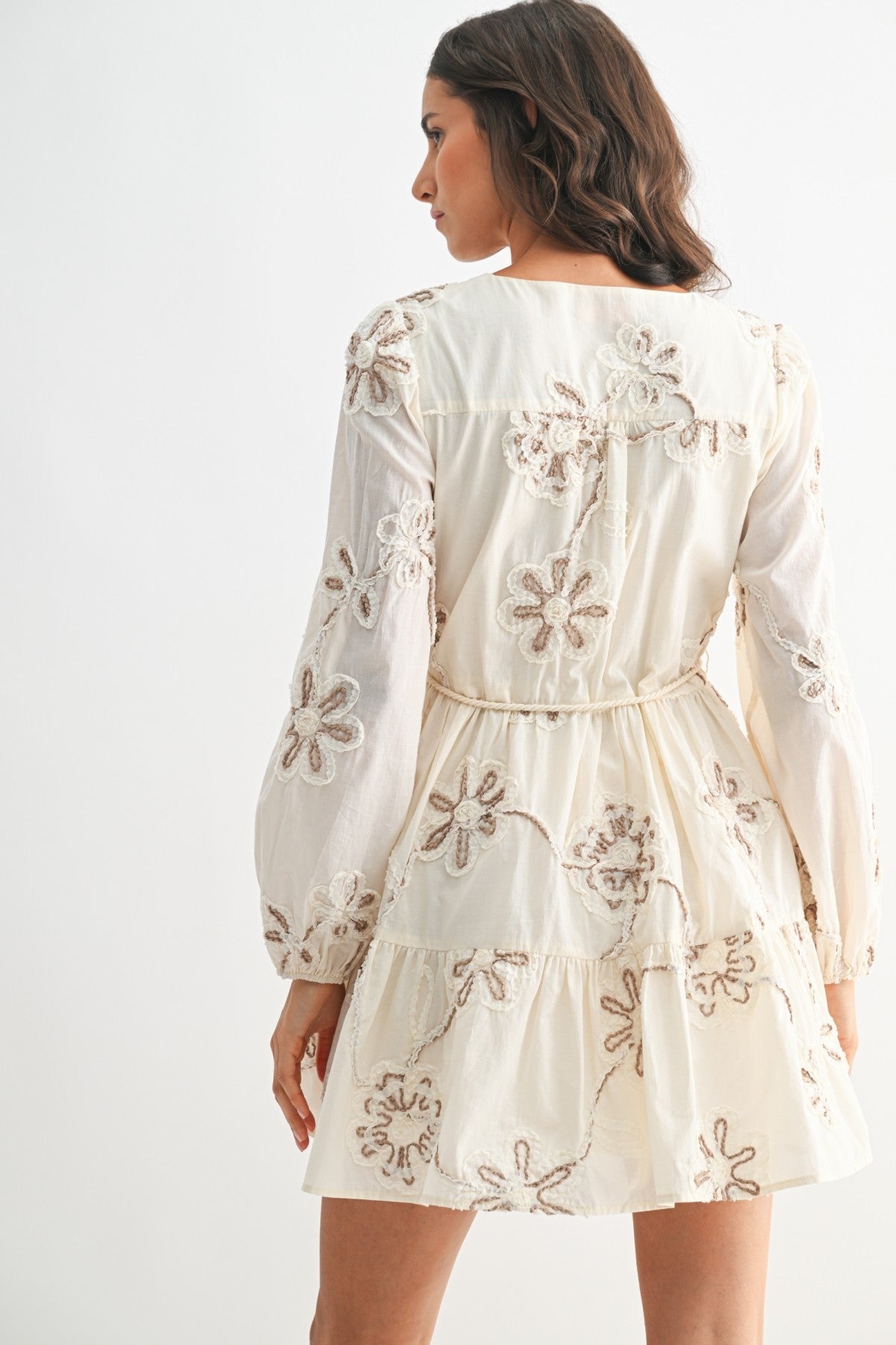 Cream Floral Embroidered V-Neck Long Sleeve Mini Dress w/ Waist Tie