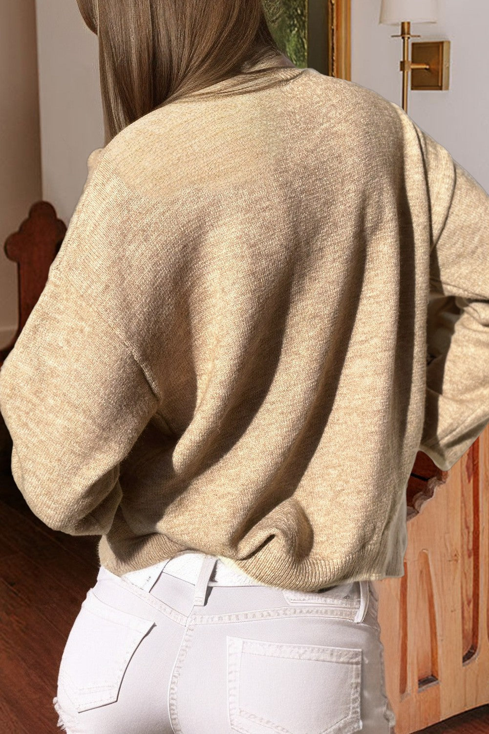Tan Sweater w/ Split Cuffs & Leopard Bows