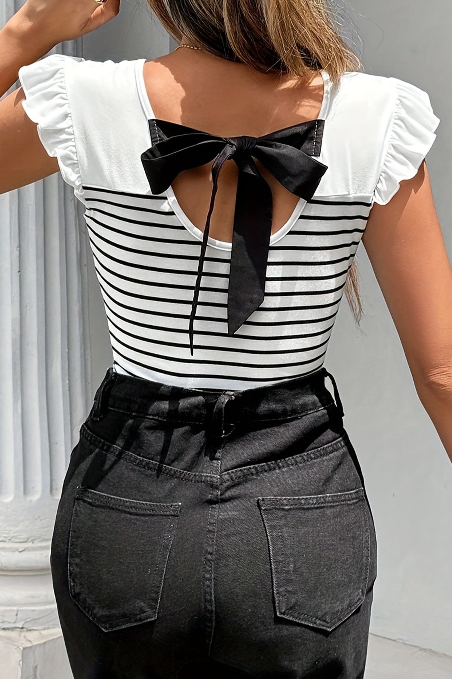 White + Black Striped Ruffle Sleeve Top w/ Back Tie Detail