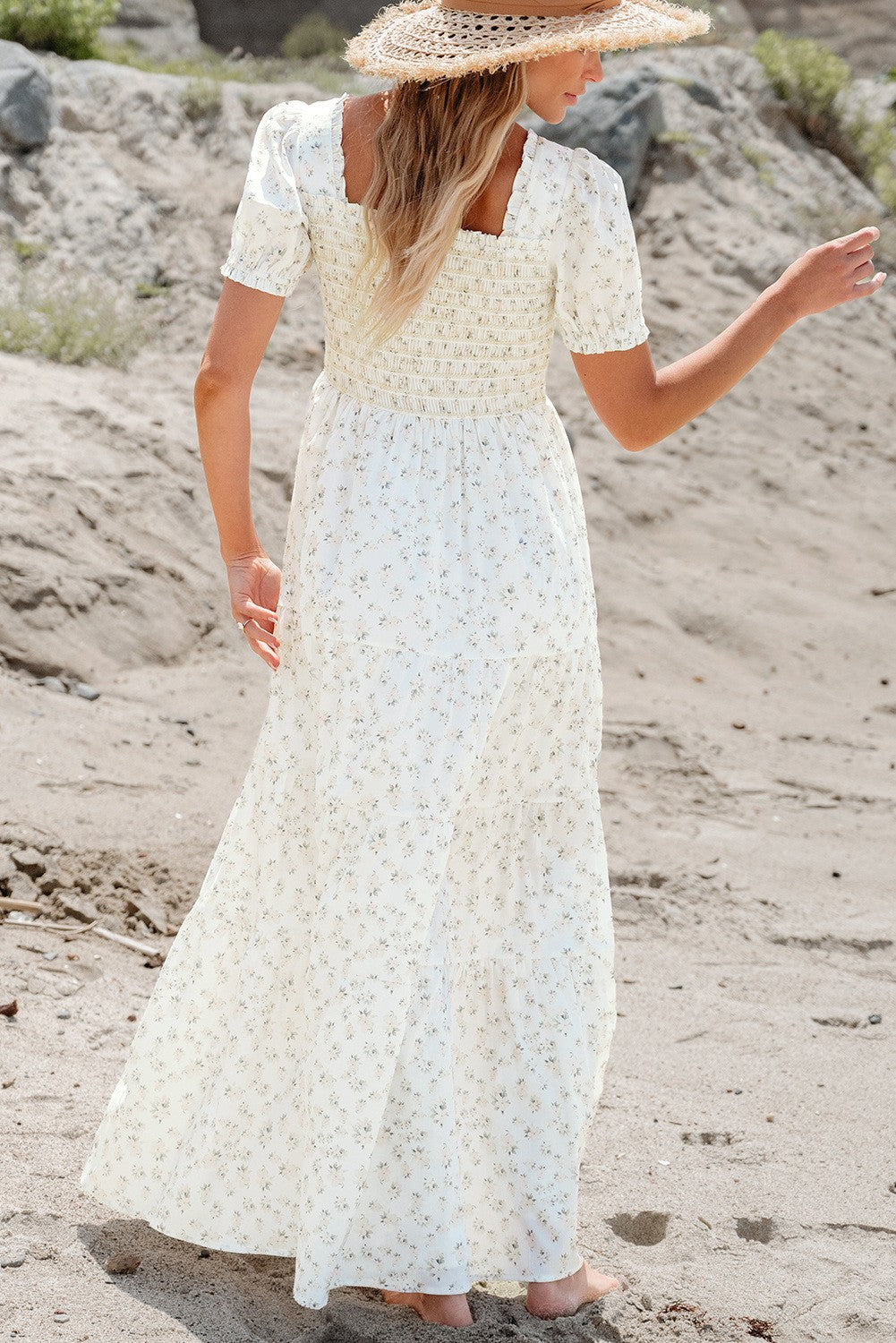 White Floral Smocked, Short Sleeve Tiered Maxi Dress