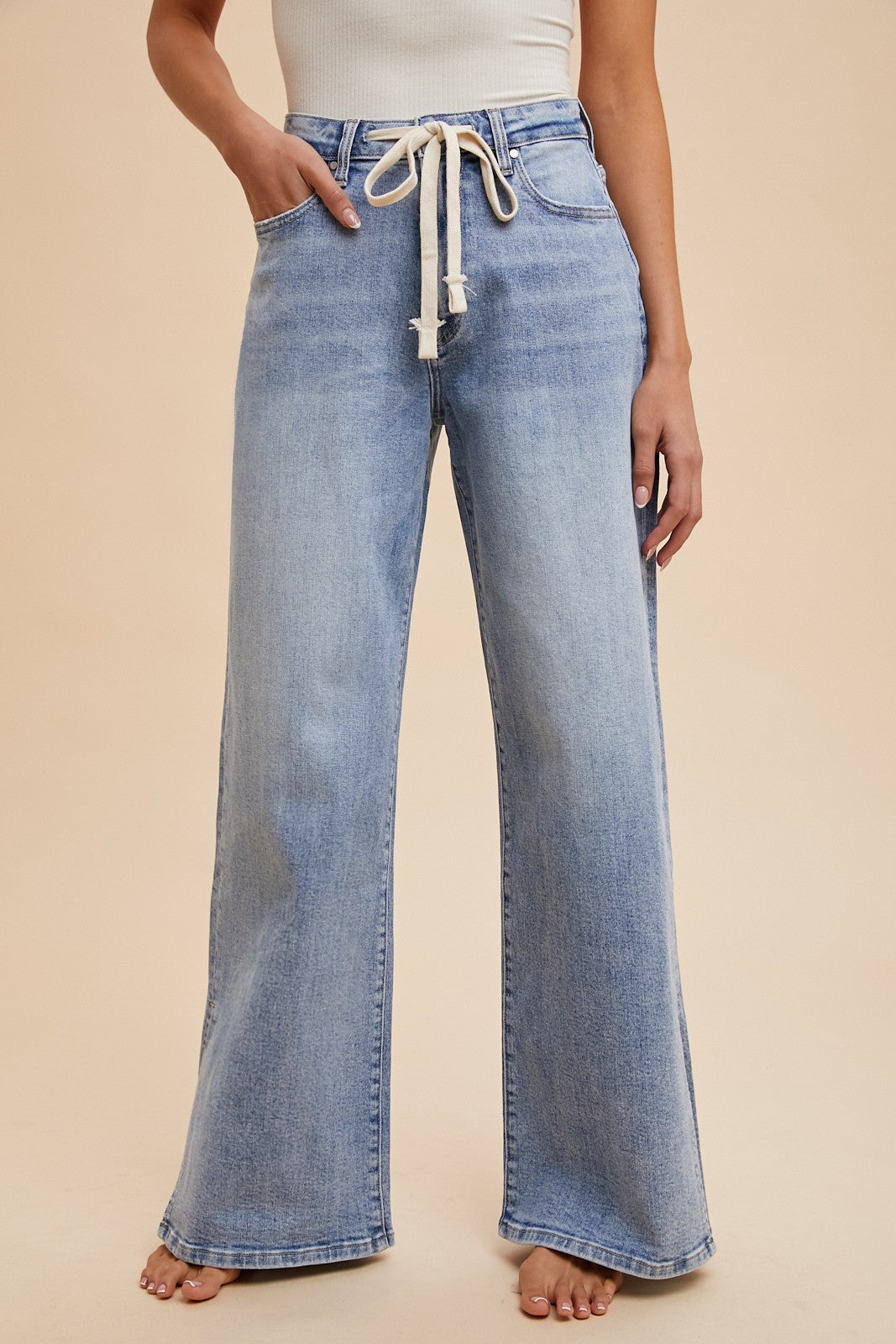 Medium Denim Drawstring Waist Stretch Wide Leg Jeans