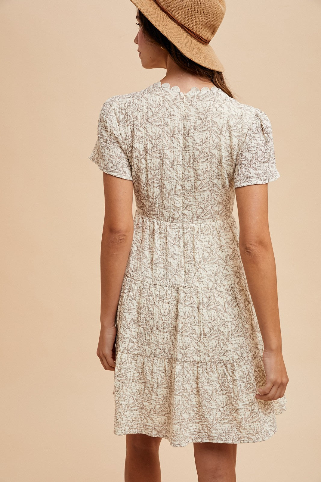 Cream Scallop Trimmed Leaf Print Mini Dress