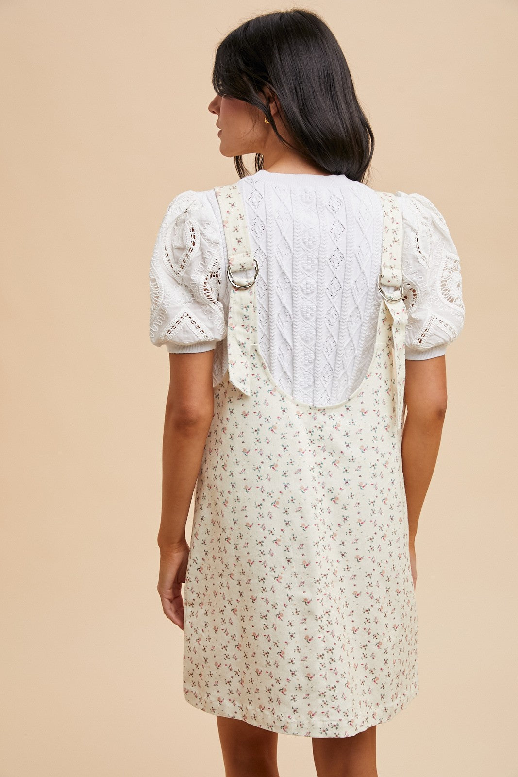 Ivory Floral V-Neck Overall Mini Dress