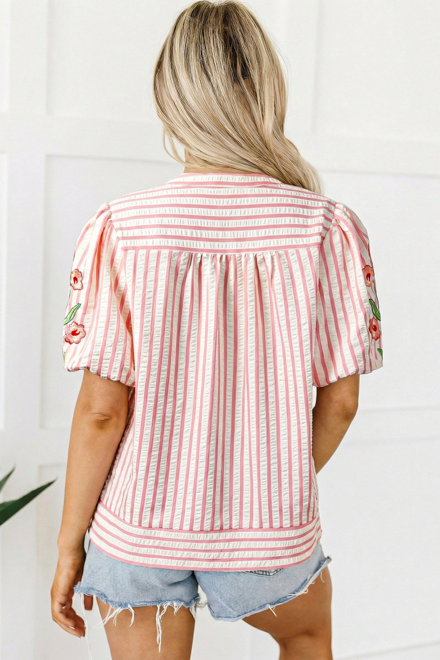 Pink Striped Embroidered Puff Short Sleeve Blouse