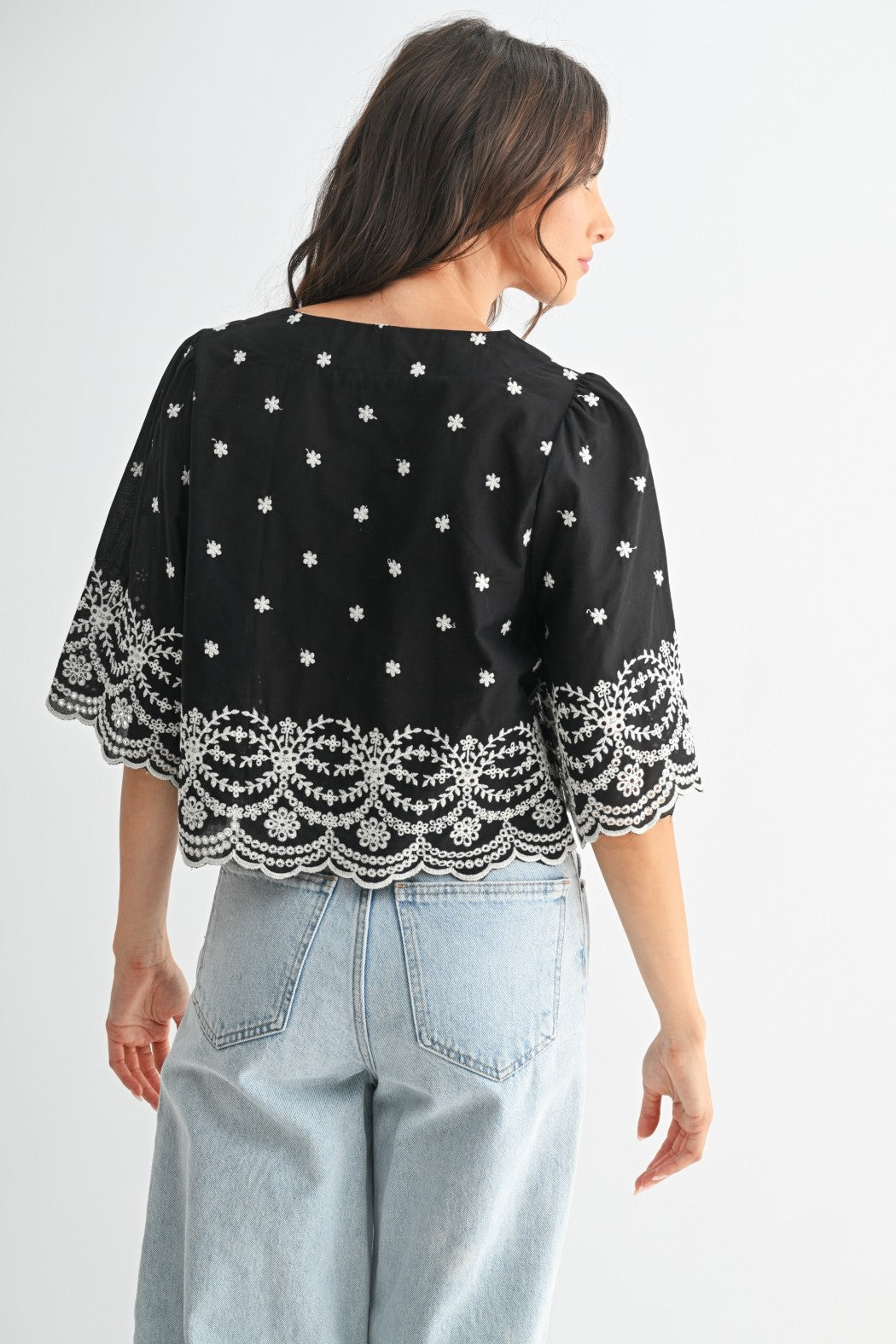 Black Embroidered V-Neck Crop Top