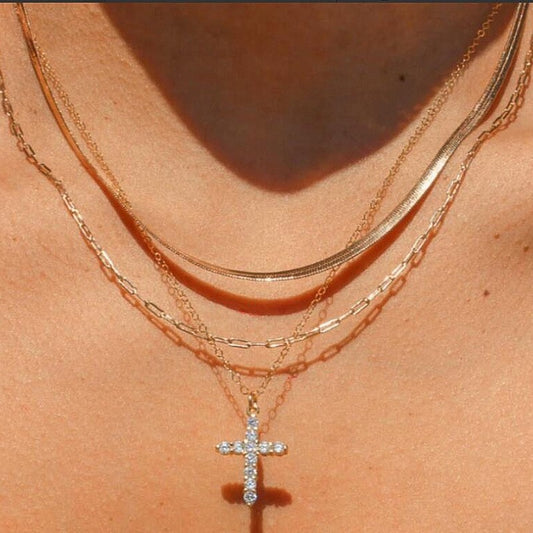 Triple Layer Rhinestone Cross, Paperclip + Snake Chain Necklace