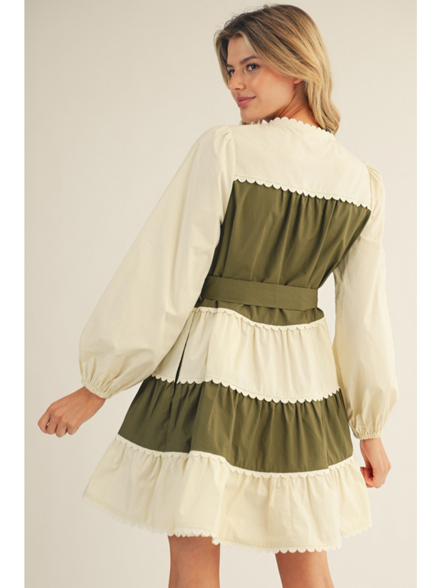 Olive/Cream Tiered Stripe Long Sleeve Mini Dress