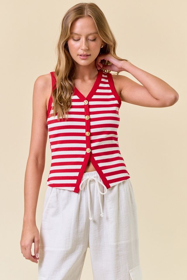 Red Striped Knit Button Front Tank