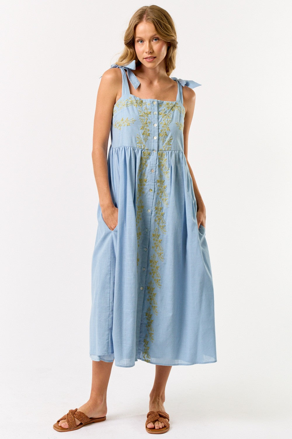 Light Blue Bow Strap Embroidered Midi Dress