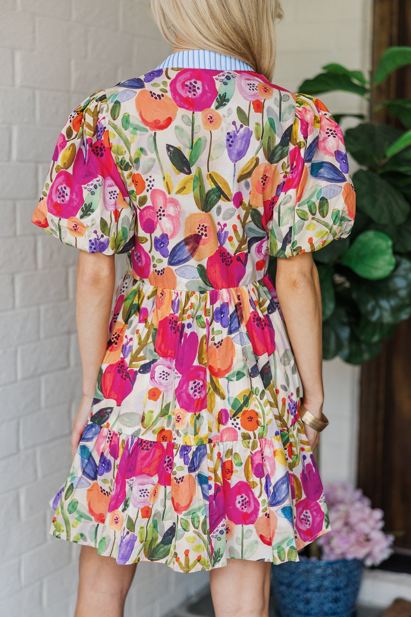 Rose Floral Ricrac Trim V-Neck Mini Dress