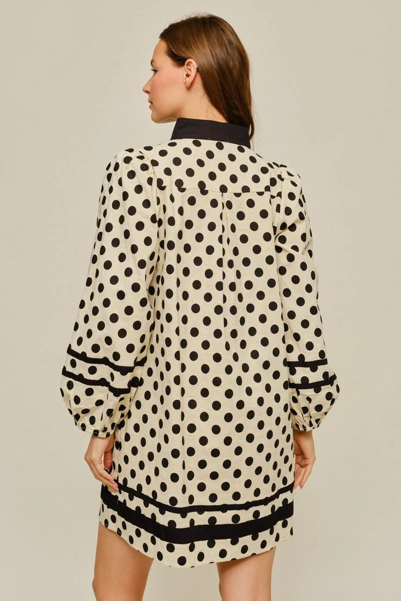 Cream Polka Dot Long Sleeve Mini Dress