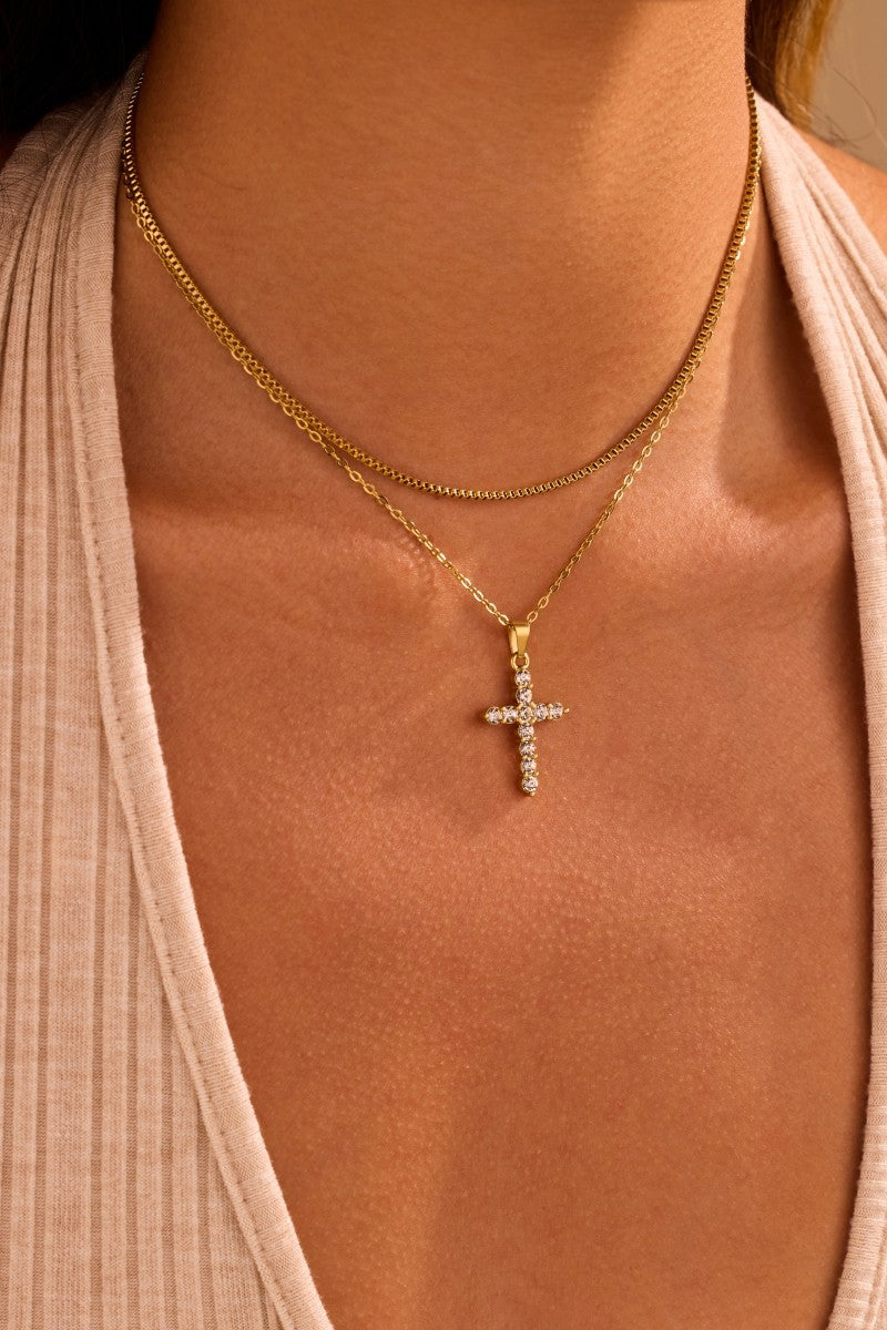 Gold Double Layered Cross Necklace
