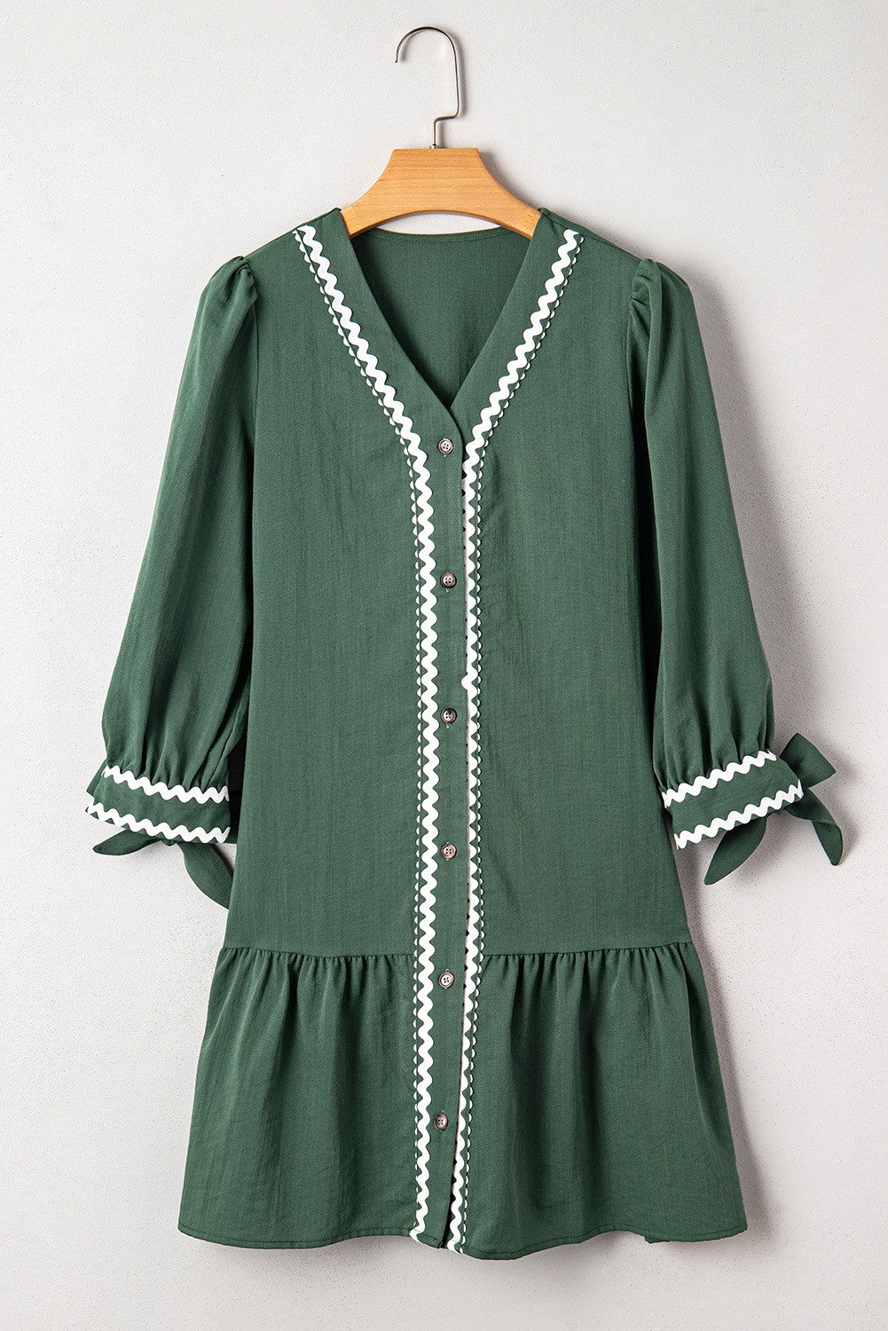 Green Ricrac Trimmed Button V-Neck Mini Dress