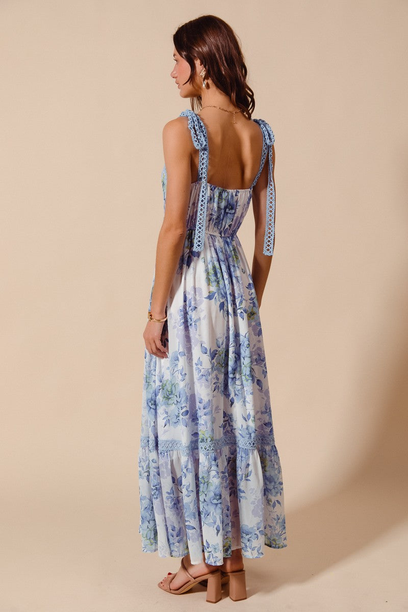 Blue Floral Flowy Maxi Dress w/ Ribbon Tie Strap