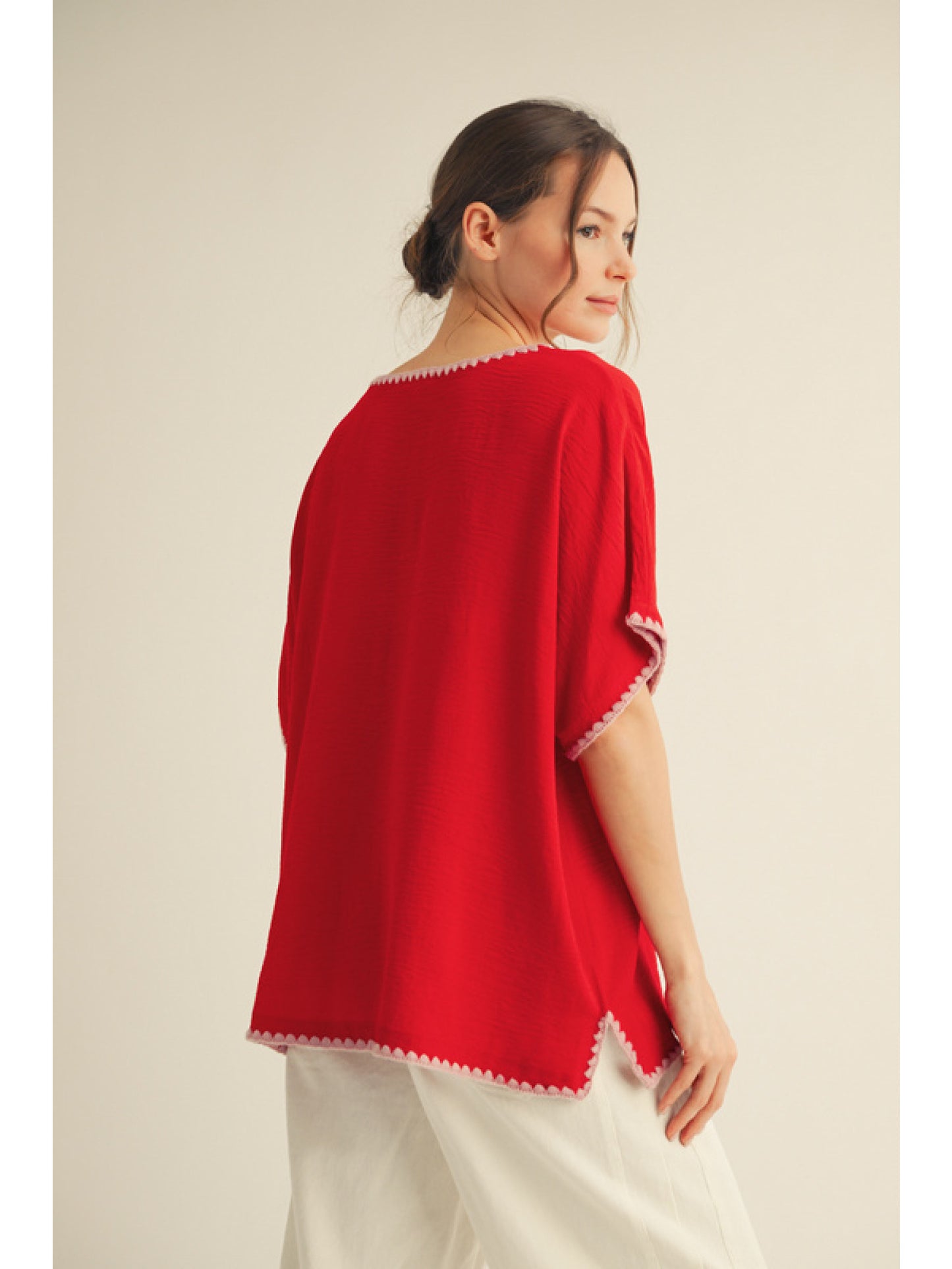 V-Neck Short Sleeve Blouse w/ Knit Trim