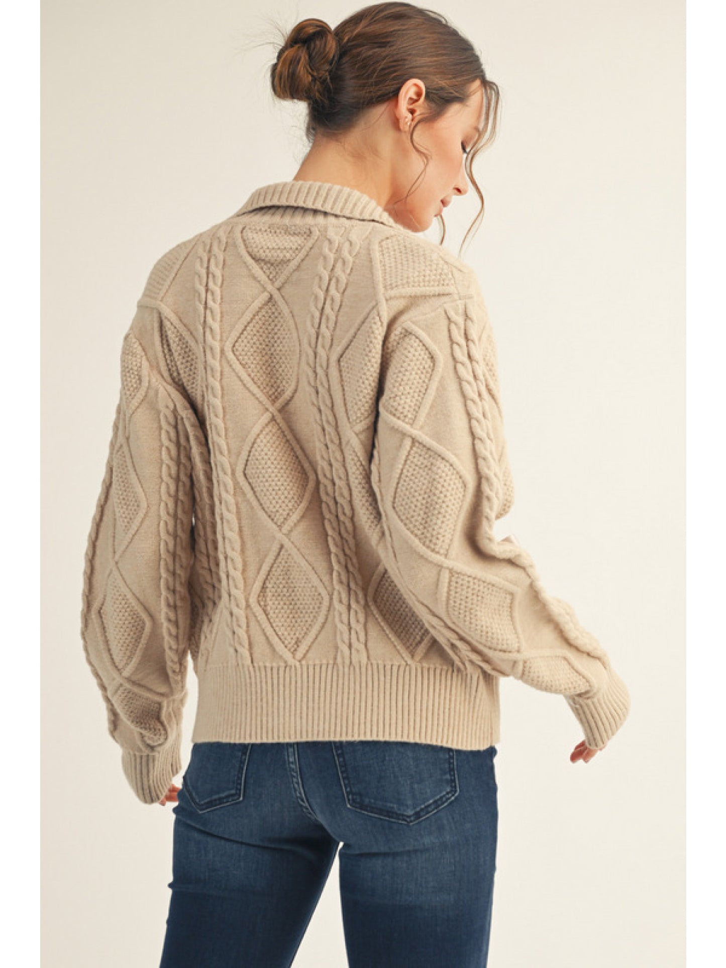 Cable Knit, Zipper Collared Sweater w/ Bow Pocket Details