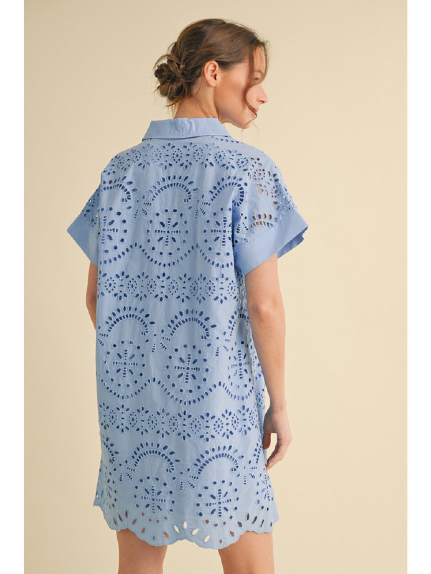 Blue Collared Eyelet Short Sleeve Mini Dress