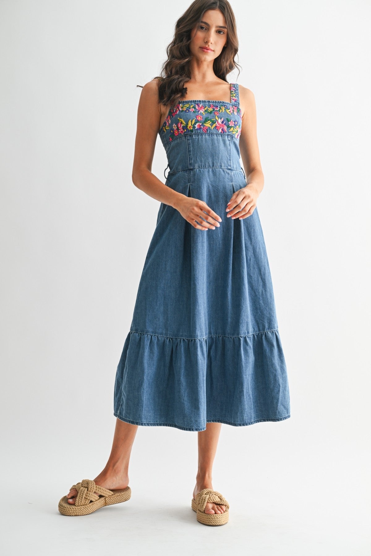 Medium Wash Denim Floral Embroidered Sleeveless Midi Dress