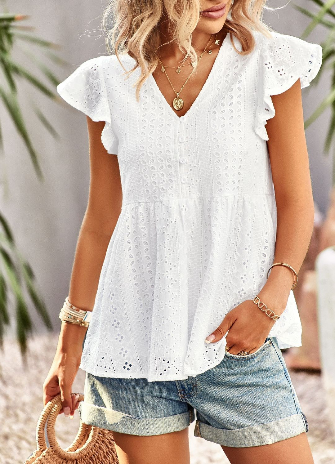 White Lacey Babydoll Top with Ruffle Sleeves – The Trendy Side