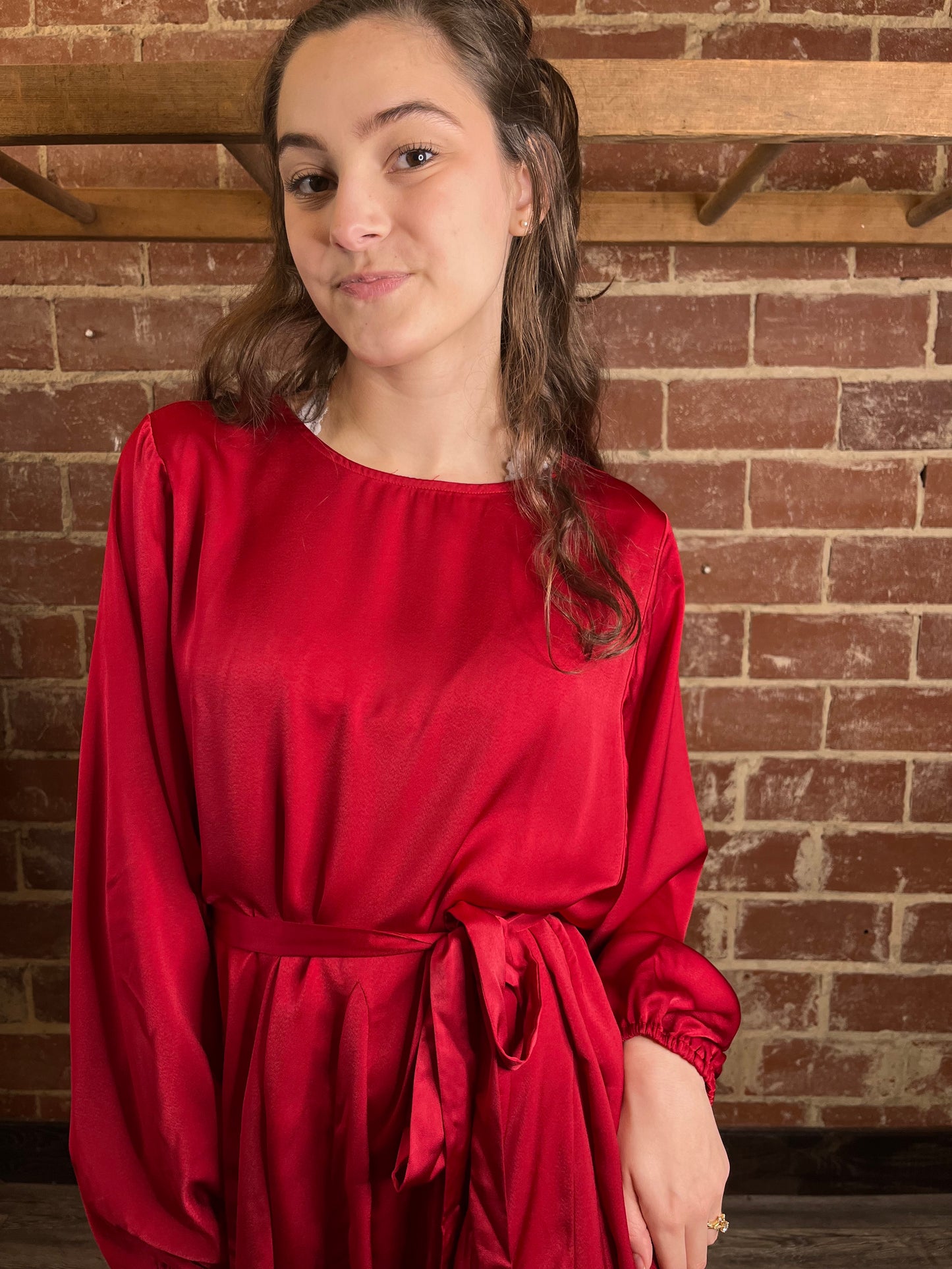 Red Long Sleeve Silk Mini Dress