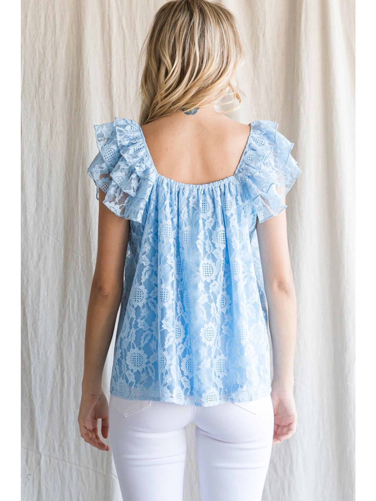 Sky Blue Lace Sleeveless Blouse with Ruffle Shoulders