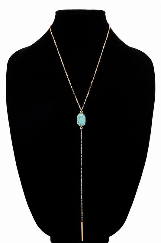 Long Gold Pendant Necklace with Natural Stone + Simple Gold Stud Set