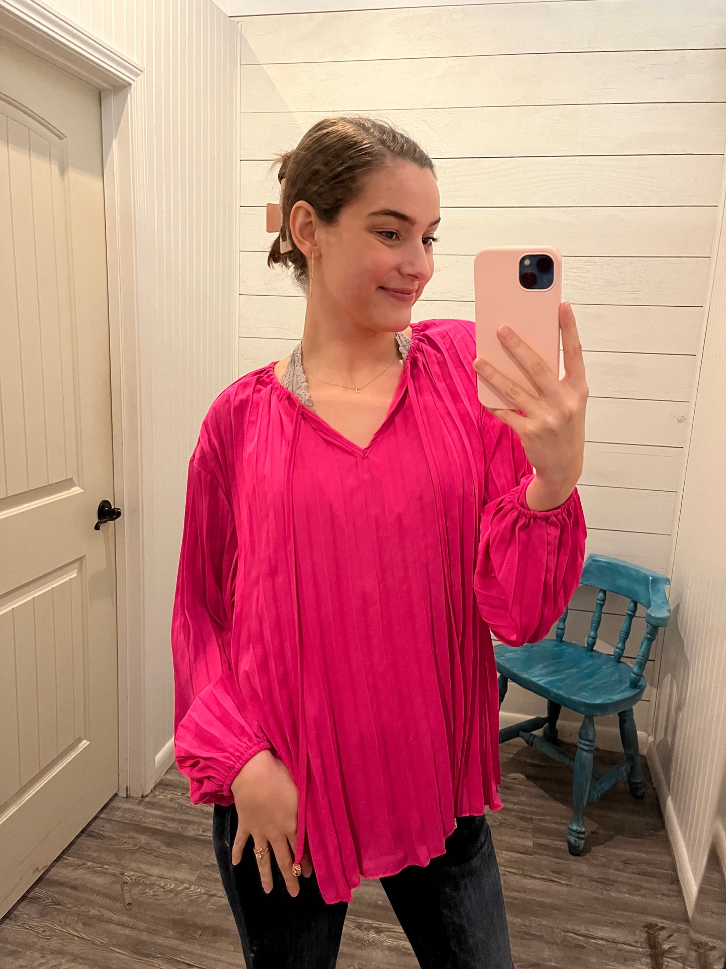 Rose Pleated V-Neck Blouse w/ Tie