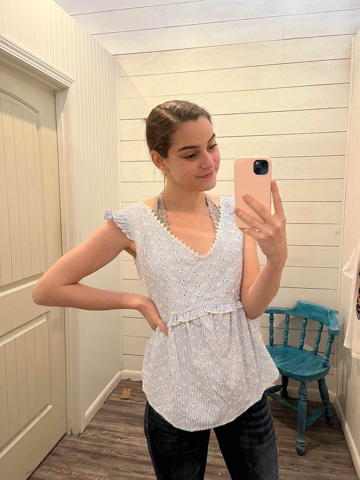 Blue Tiered Tank w/ Ruffled Sleeves