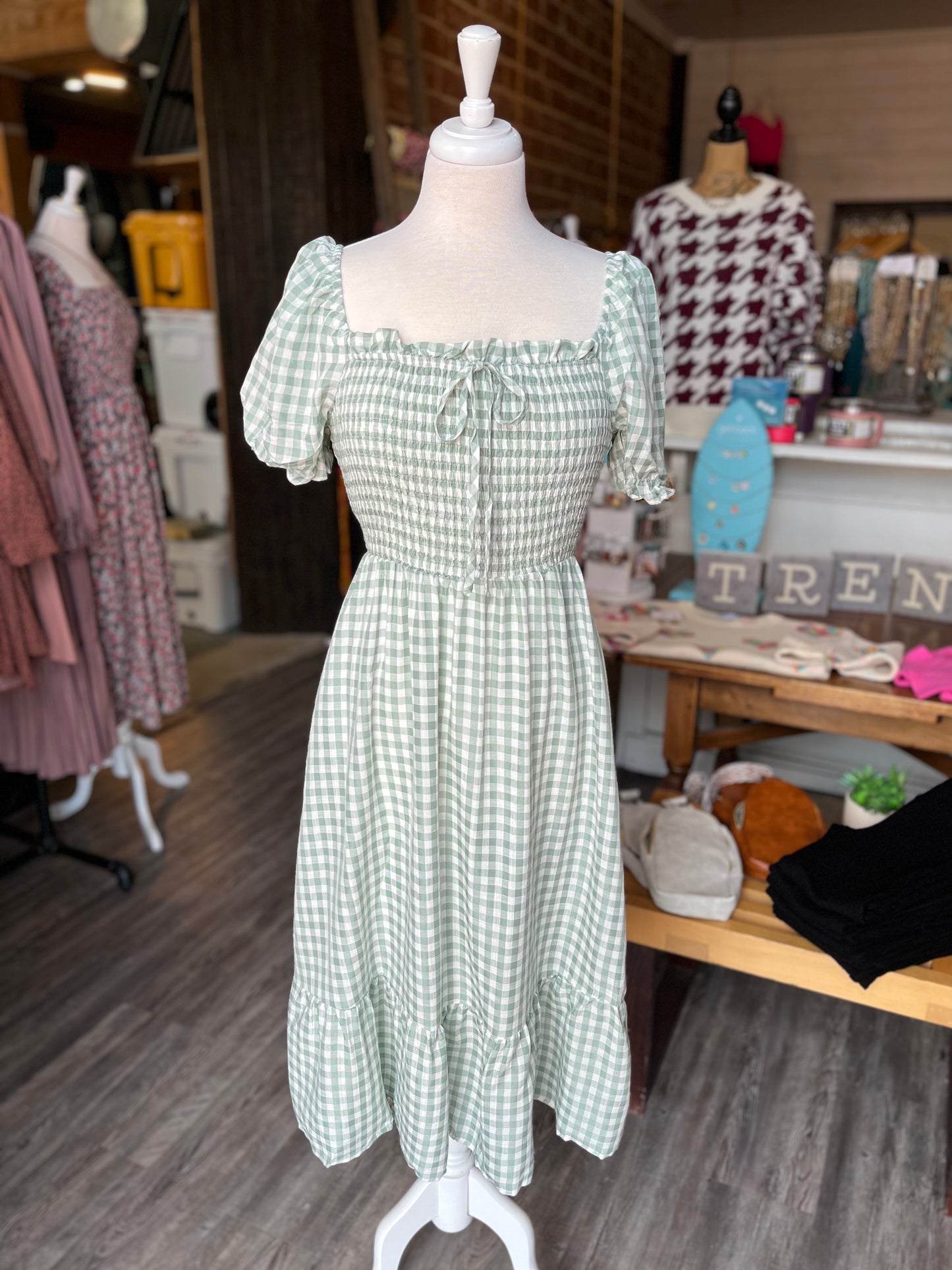 Sage Gingham Puff Sleeve Midi Dress