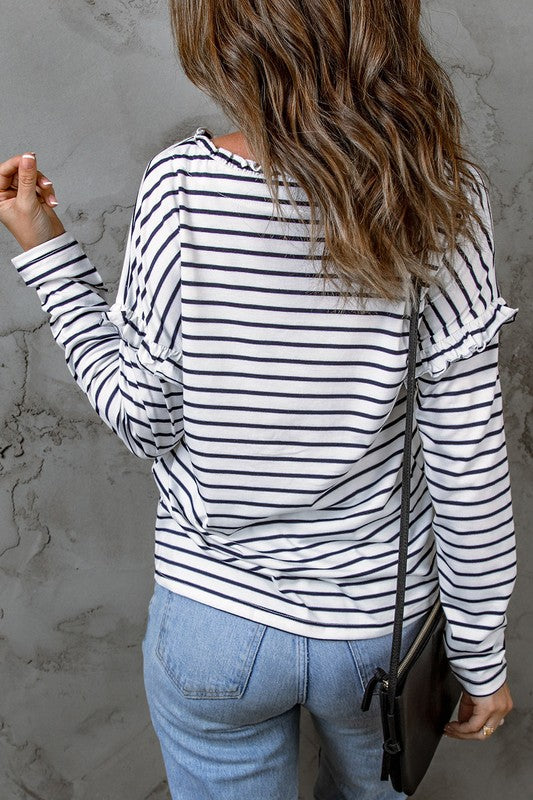 Black + White Ruffle Collar Striped Buttoned Long Sleeve Shirt