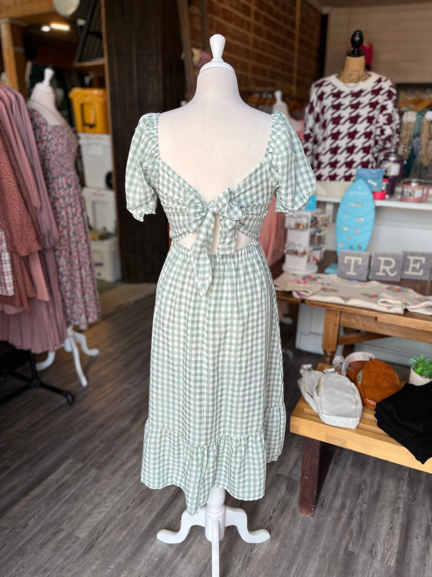 Sage Gingham Puff Sleeve Midi Dress
