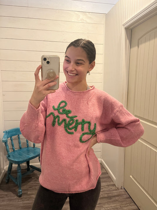 Pink with Green Tinsel 'Be Merry' Sweater