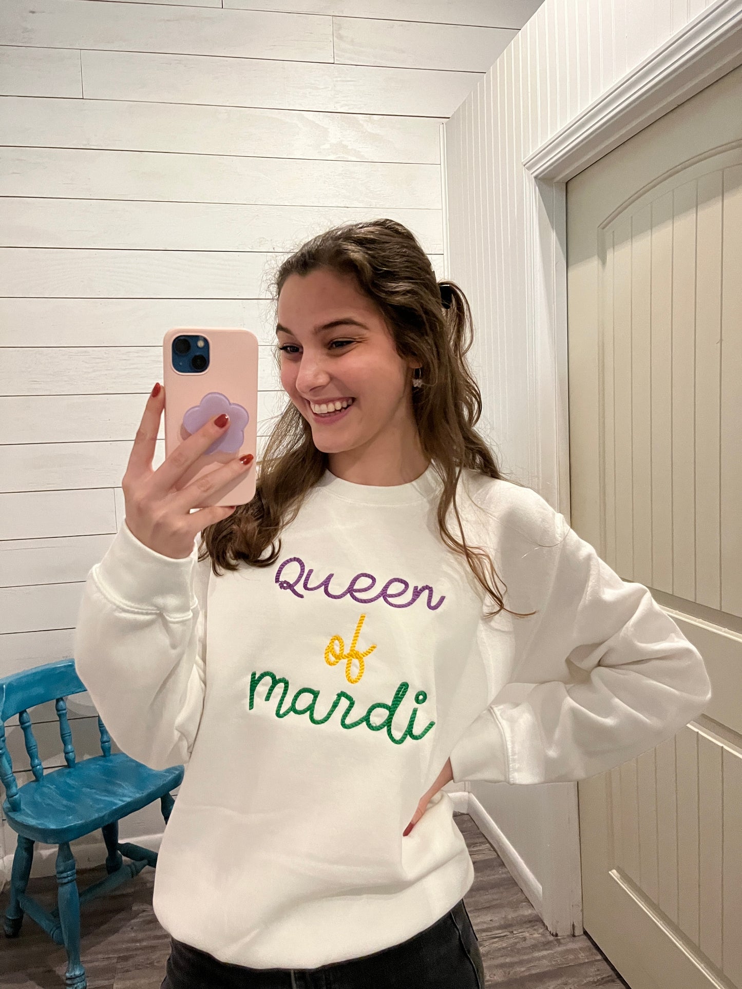 White 'Queen of Mardi' Embroidered Sweatshirt