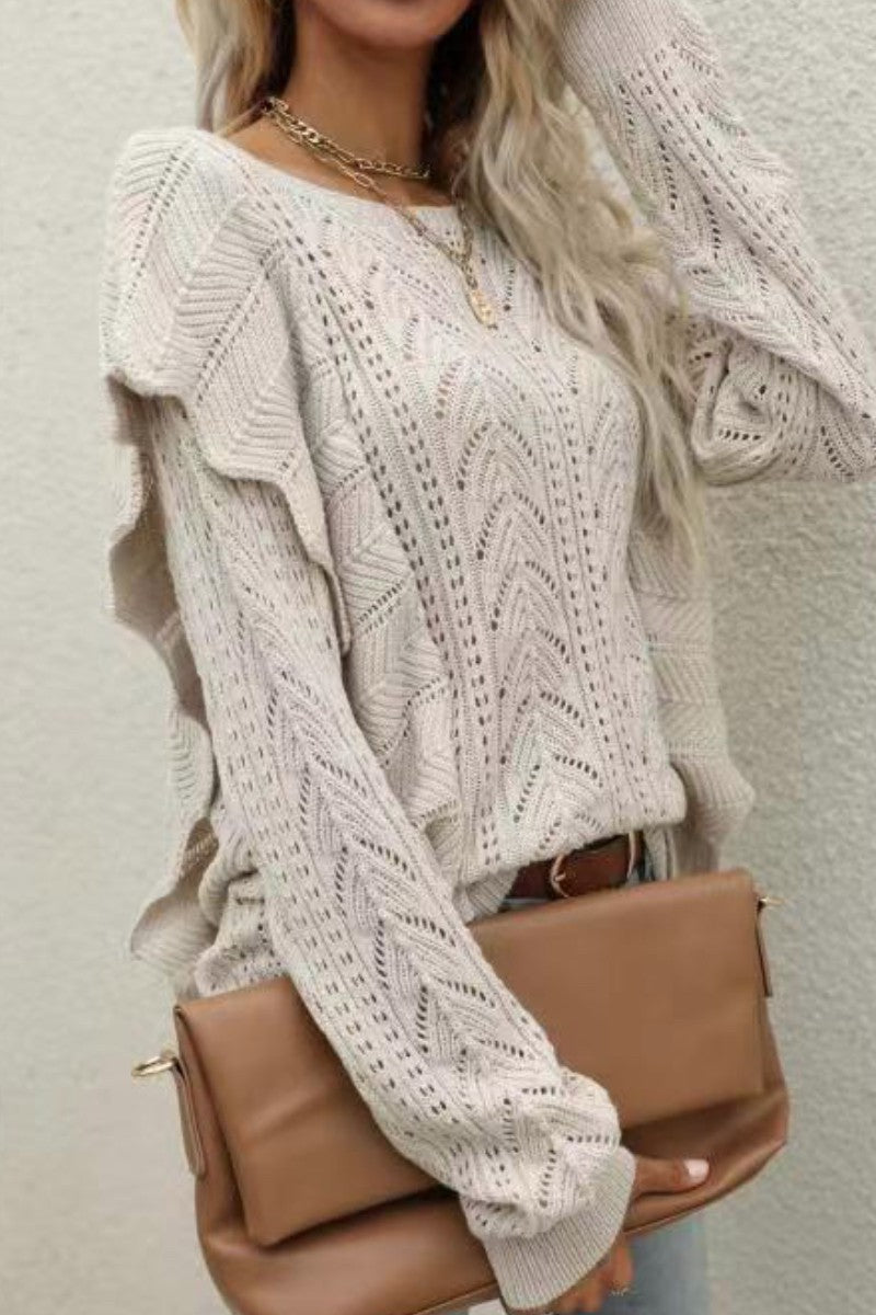 Beige Ruffled Knit Pullover
