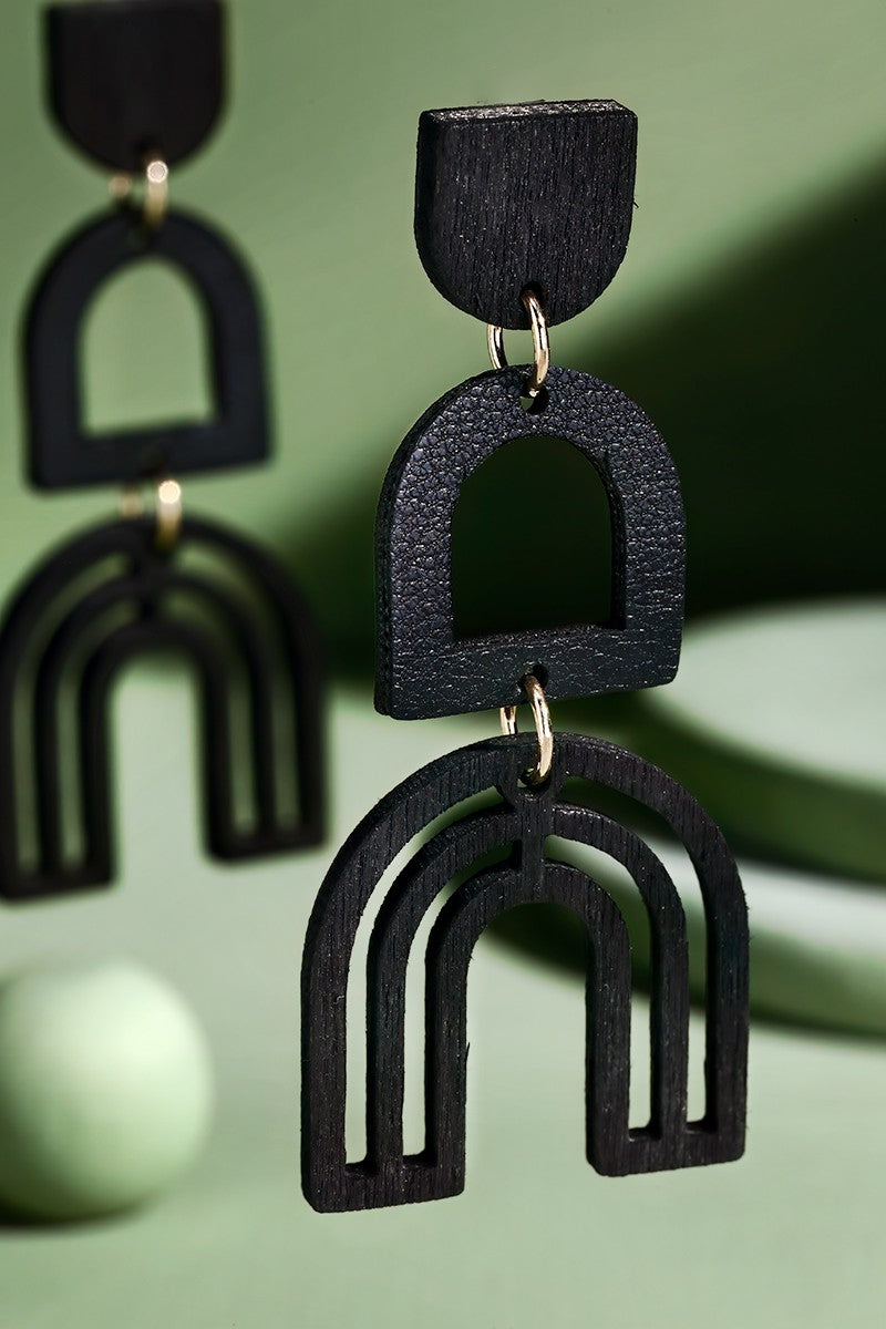 Leather & Wood Arch Earrings