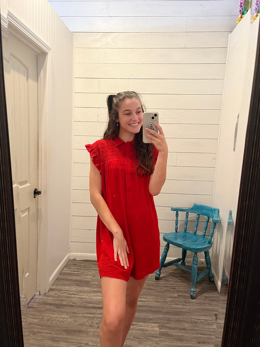 Tomato Red Smocked, Short Sleeve Button Down Romper