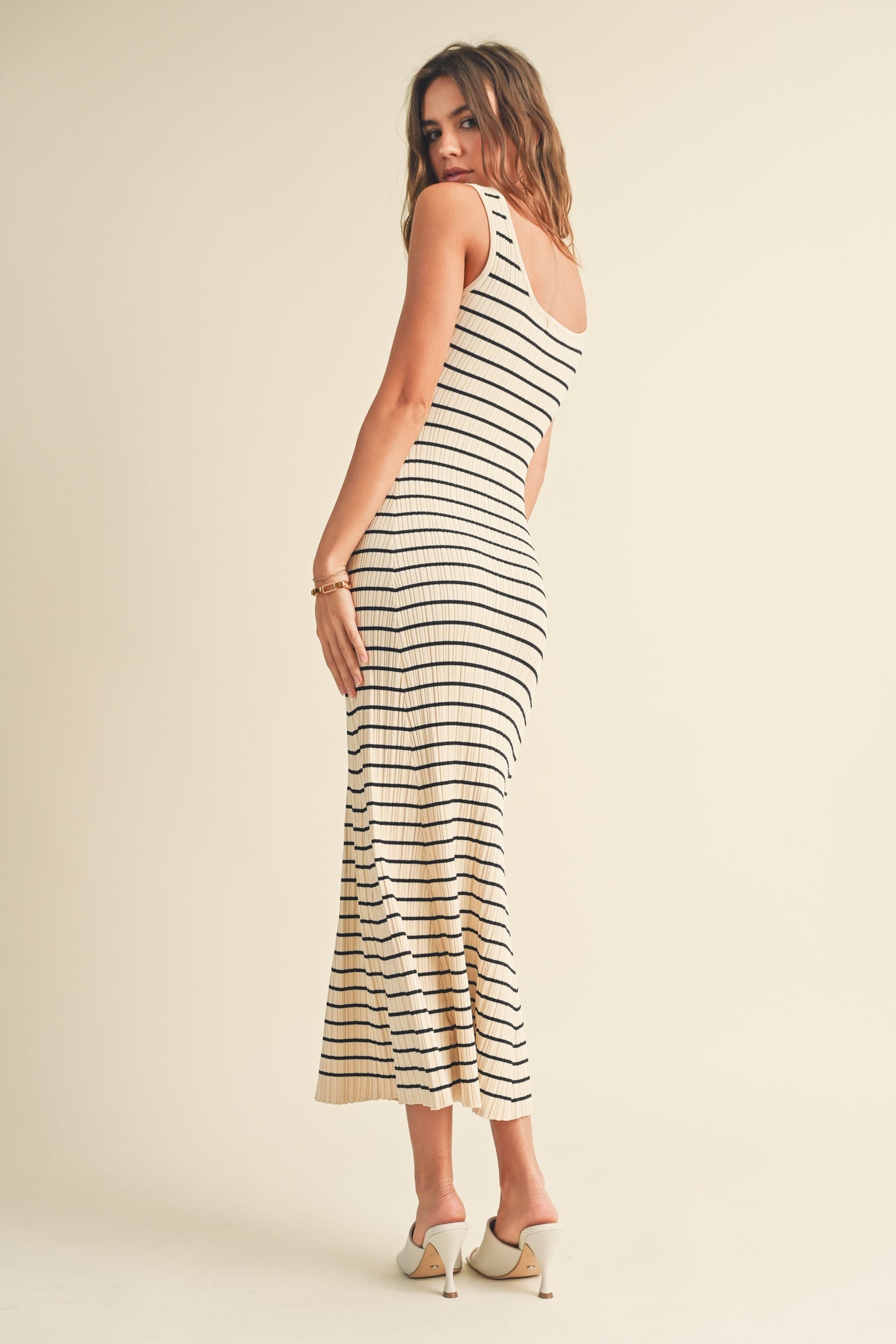 Cream + Black Striped Rib Knit Sleeveless Maxi Dress
