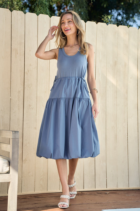 Denim Blue Mix Media Sleeveless Midi Dress