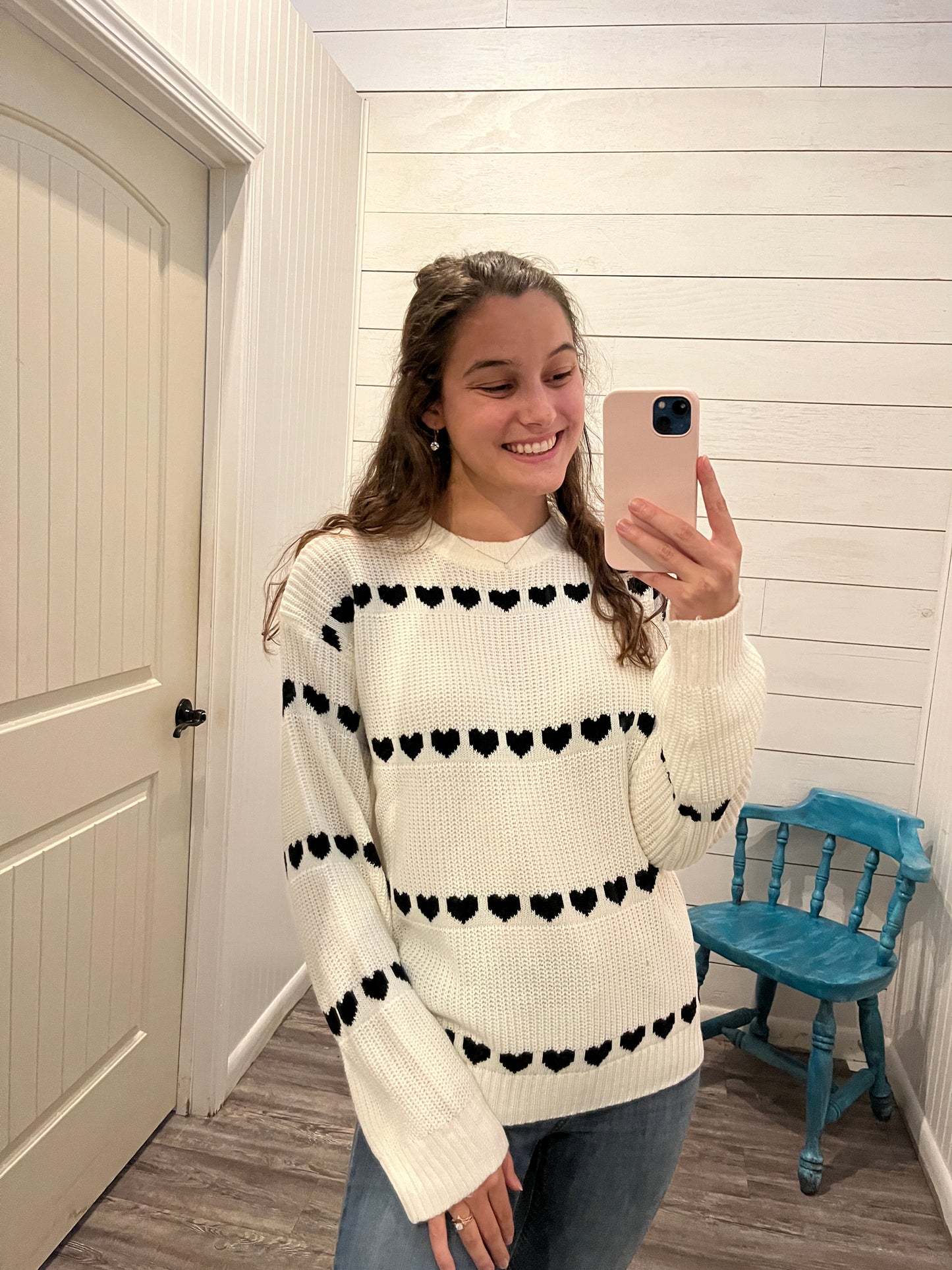 White with Black Heart Stripe Print Sweater