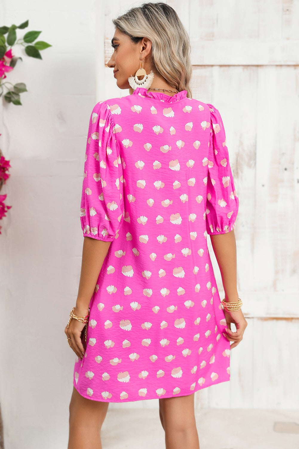 Pink Spotted Print Puff Sleeve Mini Dress
