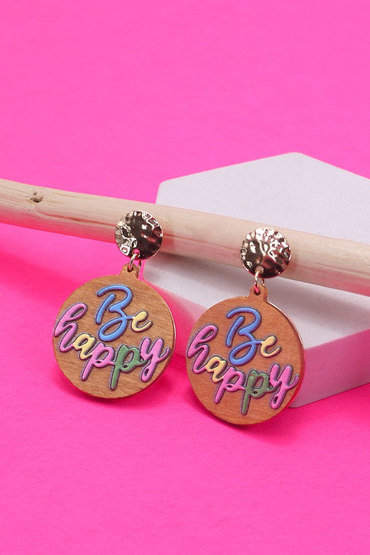 "Be Happy" Gold Wood Earrings