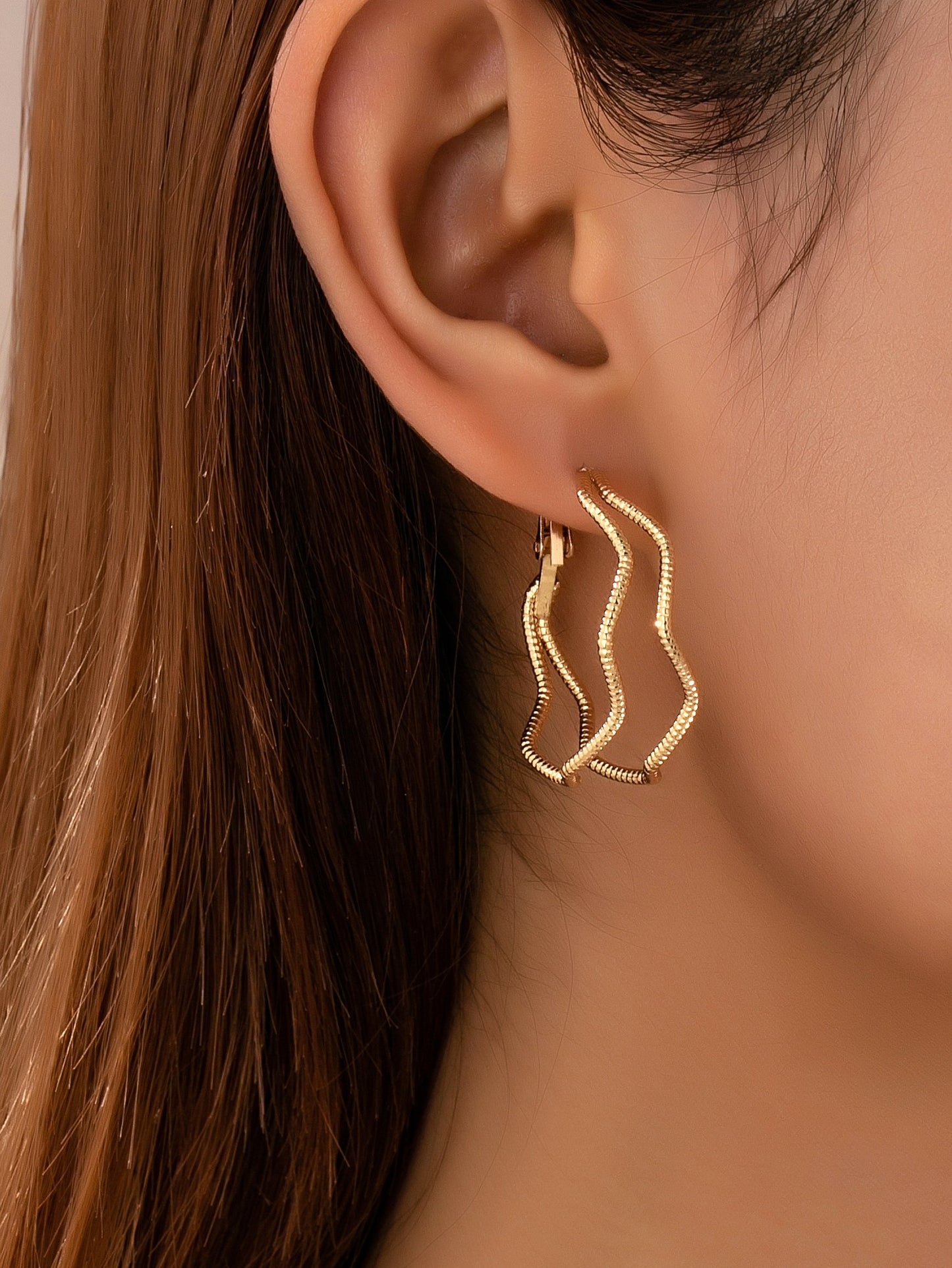 Gold Textured Wavy Double Hoops