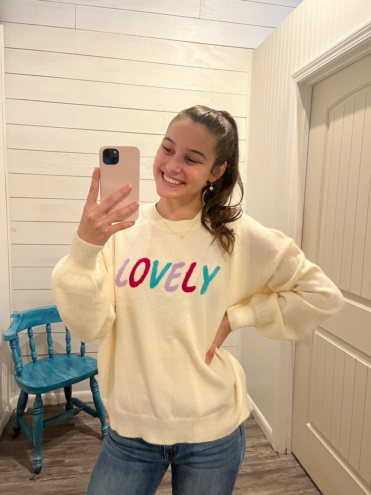 Ivory 'Lovely' Multicolor Letter Sweater