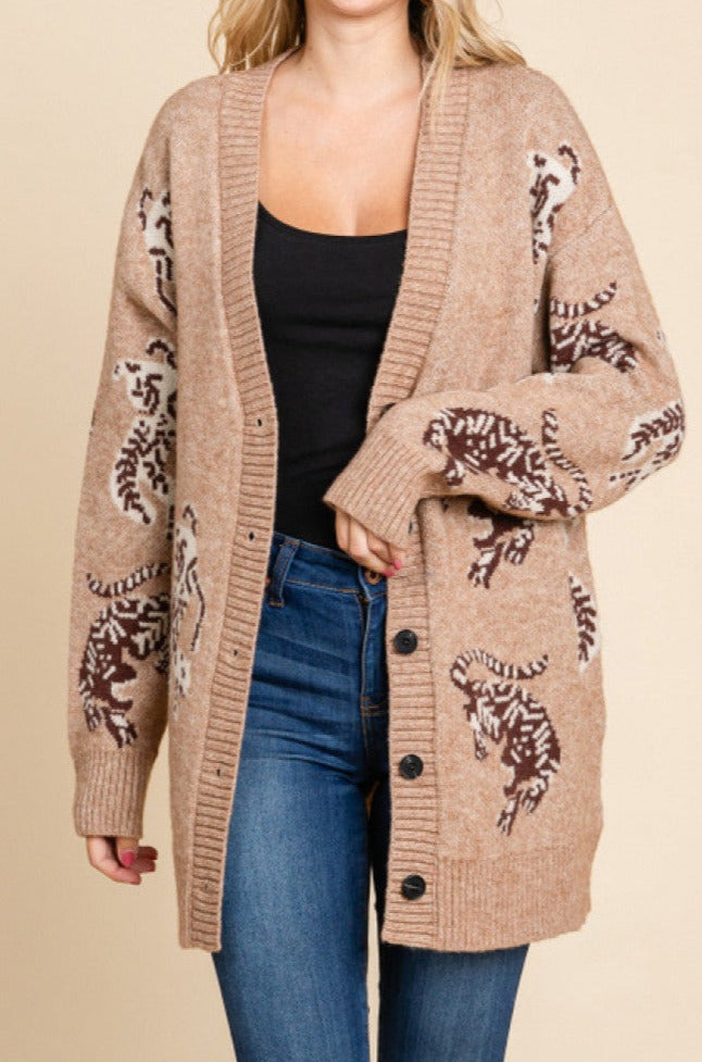 Taupe Leopard Print Button-Up Cardigan